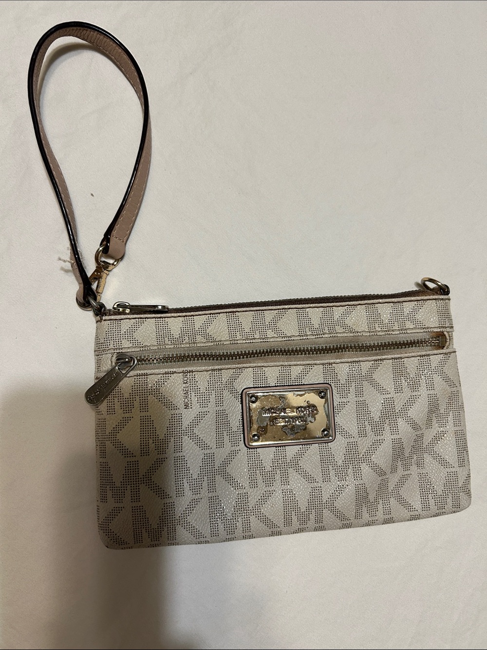 Michael Kors Beige MK Signature Wristlet with Gold Plaque